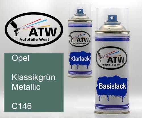 Opel, Klassikgrün Metallic, C146: 400ml Sprühdose + 400ml Klarlack - Set, von ATW Autoteile West.